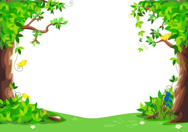 Vektor Illustration Des Rahmens Für Märchenhintergrund Aus Bäumen Gelben Schmetterlingen — Stockvektor