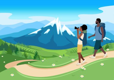 Arkadaşlar güzel bir manzaranın arka planında yürüyüş yapmaya giderler. Erkekler ve kadınlar seyahat eder ve birlikte tatile çıkarlar. Aktif yaşam tarzı. Kamp yapmak. Basit bir şekilde vektör illüstrasyonu.