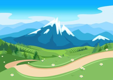Çiçekli bir çayır boyunca uzanan yol güzel bir manzaranın arka planına karşı. Seyahat ve açık hava eğlencesi. Güzel doğanın vektör çizimi.
