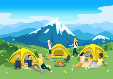 Men and women are resting in koepeng at the foot of the mountain. People go on a hike. Active rest with friends. The image of rest and travel. Vector illustration.