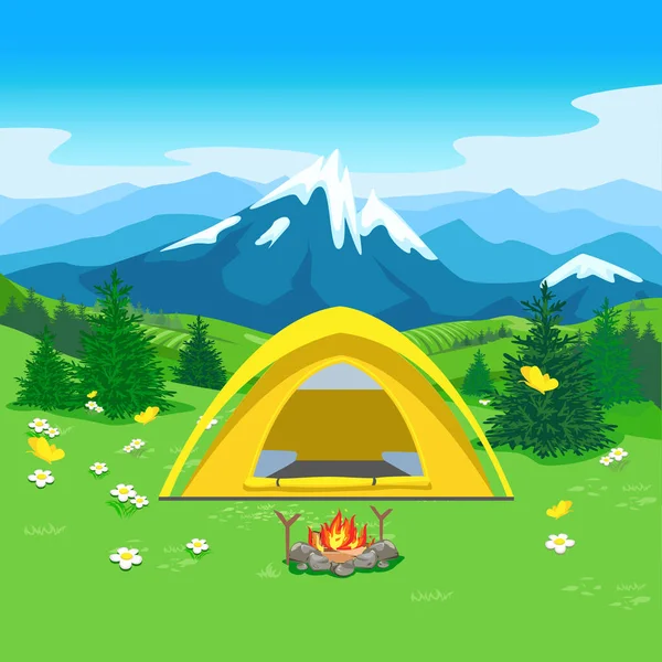 美しい風景を背景に 花の牧草地で黄色のキャンプテントやたき火 休息と旅行のイメージ ベクターイラスト — ストックベクタ