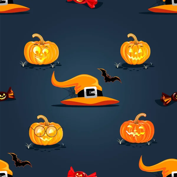 Happy Halloween Fröhliche Nahtlose Muster Dunkler Hintergrund Mit Lächelnden Orangefarbenen — Stockvektor