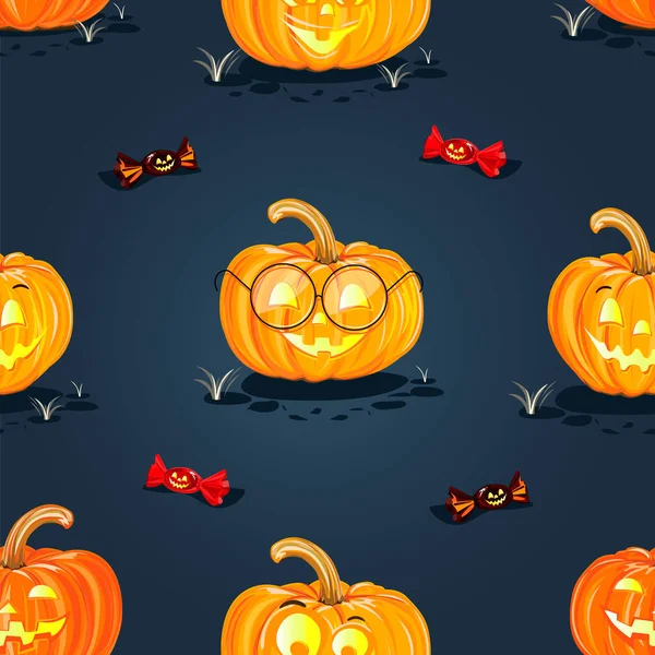 Happy Halloween Fröhliche Nahtlose Muster Dunkler Hintergrund Mit Lächelnden Orangefarbenen — Stockvektor