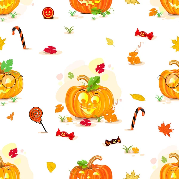 Happy Halloween Fröhliche Nahtlose Muster Weißer Hintergrund Mit Lächelnden Orangefarbenen — Stockvektor