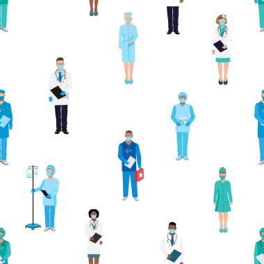 Doktorlar ve hemşireler kusursuz kalıplar. Hayat kurtardığınız için teşekkürler doktorlar. Doktorlar, hemşireler ve sağlık görevlileri farklı milletler ve cinsiyetlerden koruyucu maskeler takıyorlar..