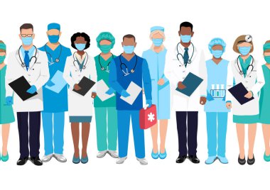 Doktorlar ve hemşireler kusursuz kalıplar. Hayat kurtardığınız için teşekkürler doktorlar. Doktorlar, hemşireler ve sağlık görevlileri farklı milletler ve cinsiyetlerden koruyucu maskeler takıyorlar..