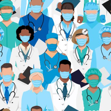Doktorlar ve hemşireler kusursuz kalıplar. Hayat kurtardığınız için teşekkürler doktorlar. Doktorlar, hemşireler ve sağlık görevlileri farklı milletler ve cinsiyetlerden koruyucu maskeler takıyorlar..