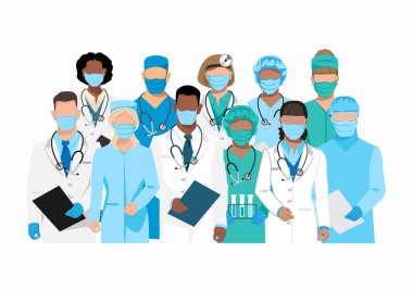 Yardım edip hayat kurtardığınız için sağolun doktor ve hemşireler. Farklı tıp uzmanlıklarına, milletlere ve cinsiyetlere sahip tıp üniforması giyen bir grup doktor ve hemşire. Vektör illüstrasyonu.
