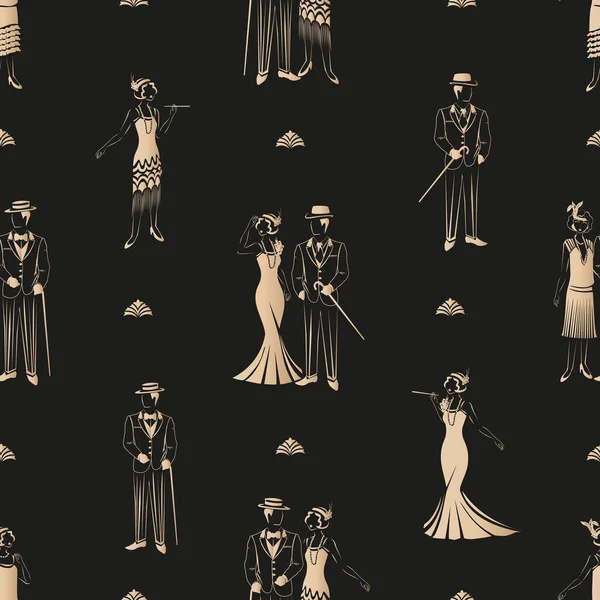一个穿着复古服装的美丽而优雅的女孩和男人的轮廓 无缝图案1920年代流行于纸 织物或礼品包装 — 图库矢量图片
