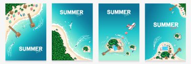 Aerial view of tropical beach and islands. Summer travel. Motor boats, seagulls, bungalows, sun loungers and palm trees on a tropical beach by the sea. Set of vector illustration in flat style.