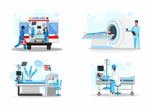 Doktorské Trpělivé Vektorové Ilustrace Zdravotníci Poskytují Pomoc Pacientovi Mri Vyšetření — Stockový vektor