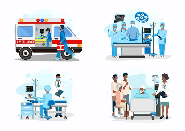 Набор Векторных Иллюстраций Доктора Пациента Парамедики Оказывают Помощь Пациенту Проводят — стоковый вектор