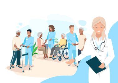 Hemşireler huzurevinde yaşlılara bakar. Mutlu yaşlı erkekler, kadınlar ve dost canlısı hemşireler. Teşekkürler hemşireler. Düz bir şekilde vektör illüstrasyonu.