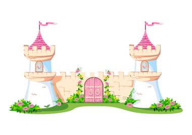 Güzel prensesin pembe kalesinin gözetleme kuleleri. Taş beyaz bir duvarı ve pembe kapıları var. Beyaz arkaplanda izole edilmiş peri masalı mimari vektör çizimi
