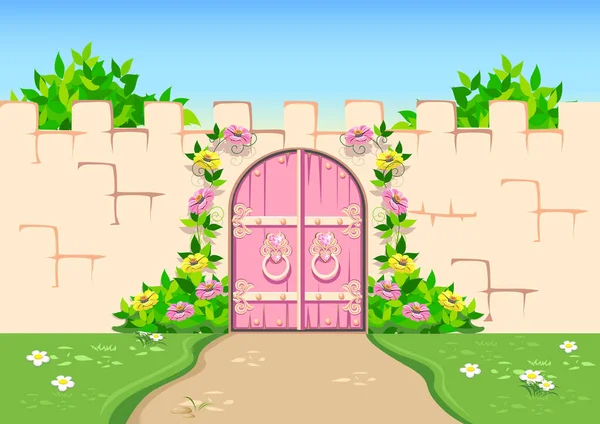 Πόρτα Του Όμορφου Ροζ Κάστρου Της Όμορφης Πριγκίπισσας Είναι Διακοσμημένη — Διανυσματικό Αρχείο