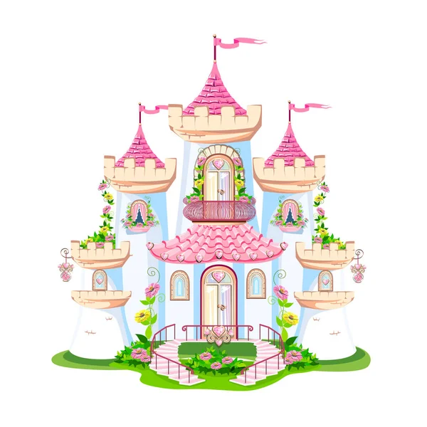 一座美丽的粉色城堡 由美丽的公主组成 有阳台和心形的珠宝 窗户和大门 白色背景下童话建筑的矢量图解 — 图库矢量图片
