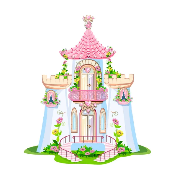 Egy Gyönyörű Rózsaszín Kastély Egy Gyönyörű Hercegnő Erkéllyel Szív Alakú — Stock Vector