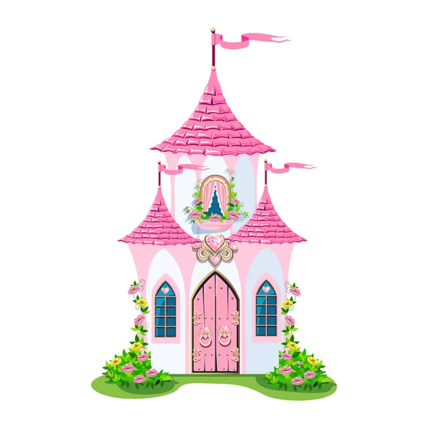 一座美丽的粉色城堡 由美丽的公主组成 有阳台和心形的珠宝 窗户和大门 白色背景下童话建筑的矢量图解 矢量图形