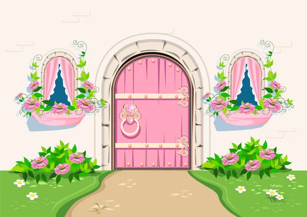 美丽的公主的漂亮的粉色城堡的门上装饰着心形的珠宝 窗户和美丽的花坛 童话建筑的矢量图解特写 矢量图形