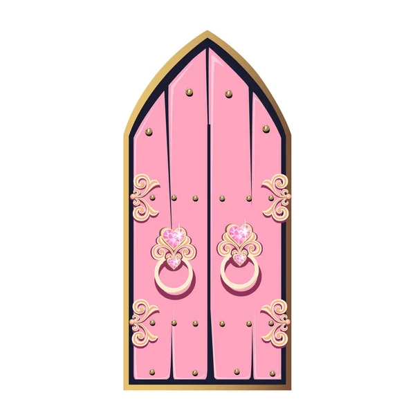 美丽公主的美丽的粉红色的门 用锻造的装饰品制成的古董门 卡通风格的门与心形粉红宝石装饰 在白色背景上孤立的向量图 图库插图