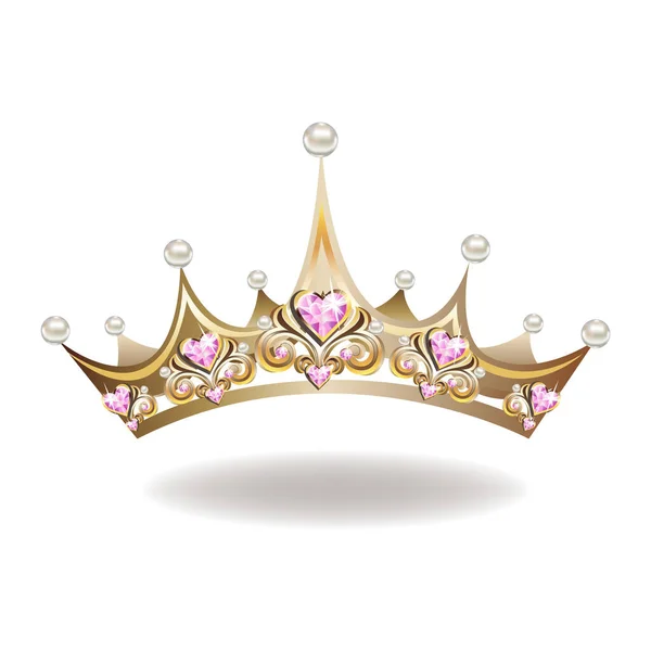 Princess Crown Tiara Pearls Pink Gems Shape Heart Vector Illustration — Stock Vector