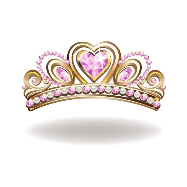 Princezna Koruna Nebo Tiára Perlami Růžové Drahokamy Tvaru Srdce Vektorové — Stockový vektor