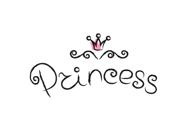 Palabra Linda Princesa Mano Letras Con Corona Etiqueta Caligrafía Princesita — Vector de stock