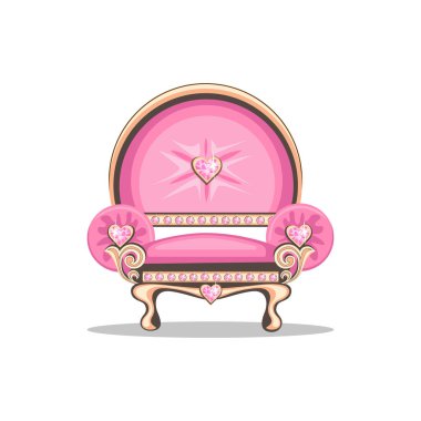 Beautiful pink throne or armchair for a beautiful princess, adorned with heart shaped pink gems. Upholstered furniture to decorate the interior of the princess castle.Vector illustration isolated on white background.