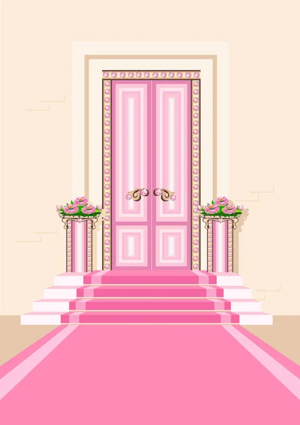 美丽公主的美丽的粉红色的门 有珠宝的门童话建筑的元素 公主城堡的内部 卡通风格 矢量说明 — 图库矢量图片
