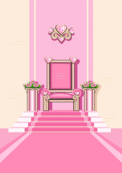 一个漂亮的王座房间 有一个粉红色的王座为美丽的公主 装饰着粉红色的心形宝石 公主城堡的内部 王宫内童话的矢量图解 — 图库矢量图片