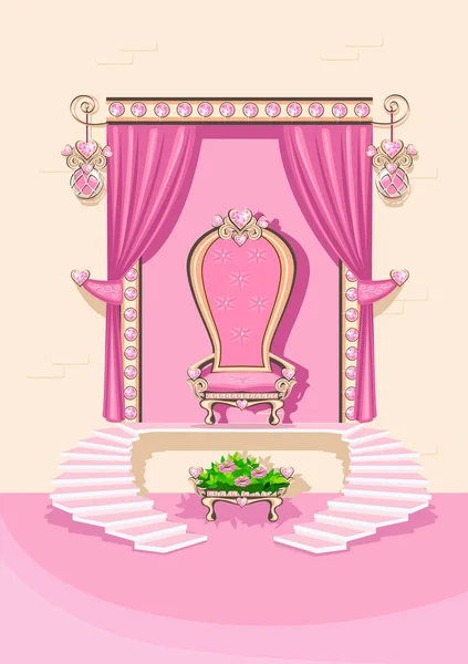 Piękna Sala Tronowa Różowym Tronem Dla Pięknej Księżniczki Ozdobiona Różowymi — Wektor stockowy