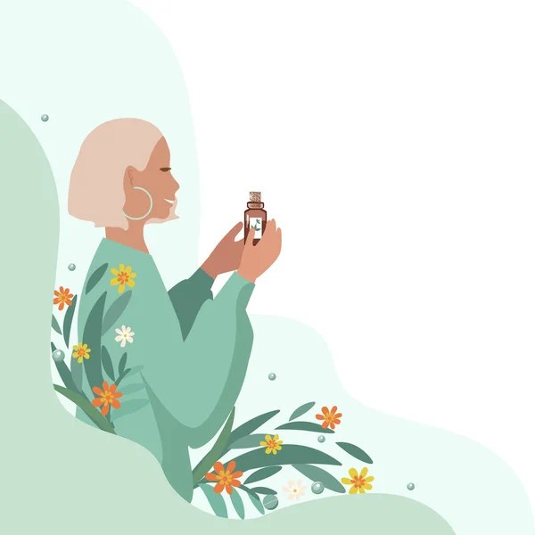 Όμορφο Κορίτσι Κρατά Ένα Φιαλίδιο Φαρμακευτικά Βότανα Αρωματικά Έλαια Φυτικά — Διανυσματικό Αρχείο