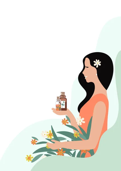 Gadis Cantik Memegang Botol Obat Herbal Minyak Aromatik Atau Jahitan - Stok Vektor