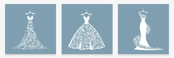 漂亮的花边裙挂在衣架上 准备参加婚礼 晚会或舞会 美丽和时尚 传单或明信片背景矢量图解模板集 图库矢量图片
