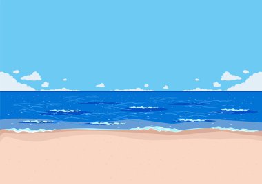 Tropik plaj, dalgalı deniz ve bulutlu mavi gökyüzü. Düz bir deniz manzarası. Yaz tatili. Doğanın güzelliği. Vektör illüstrasyonu.