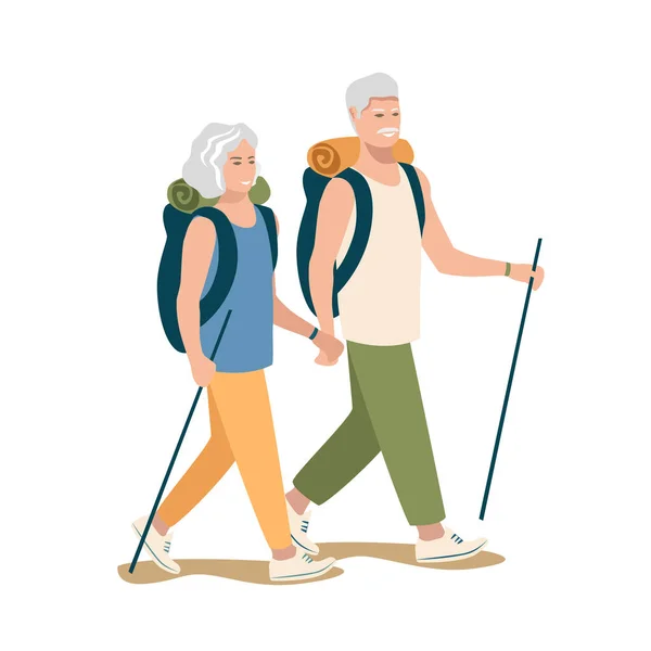 Feliz Pareja Ancianos Excursión Con Mochilas Pensionistas Activos Ilustración Vectorial — Vector de stock