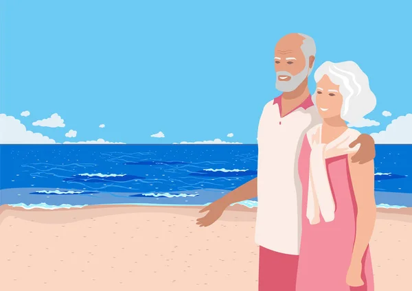 Feliz Pareja Ancianos Caminando Por Playa Junto Mar Abuelo Abraza — Vector de stock