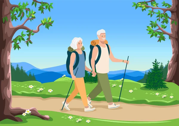 Una Feliz Pareja Ancianos Excursión Por Sendero Forestal Pensionistas Activos — Vector de stock