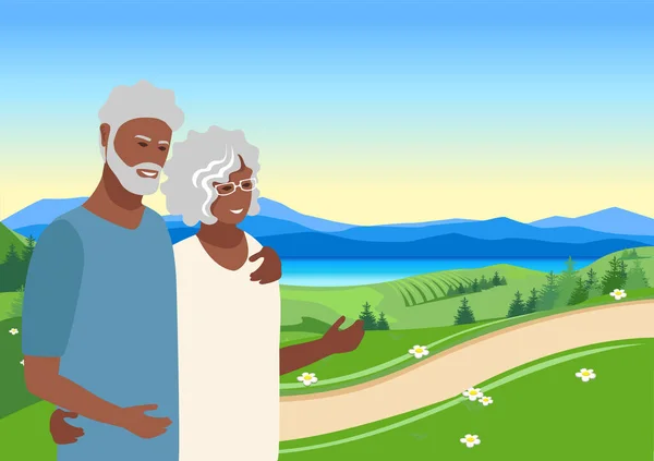 Feliz Pareja Ancianos Viajan Juntos Abuelo Abraza Abuela Contra Telón — Vector de stock