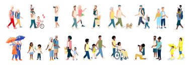 Yürüyüşe çıkmış farklı yaş ve milliyetlerden insanlar. Çocuklu aileler, yaşlı ve genç çiftler, arkadaşlar birlikte zaman geçirirler. Beyaz arka planda izole edilmiş yürüyen büyük vektör kümesi.