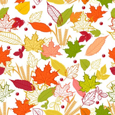 Sarı, turuncu, bordo, yeşil renklerde farklı düşen yapraklarla sonbahar dikişsiz deseni. Sonbahar görüntüsü. Vektörsüz arkaplan