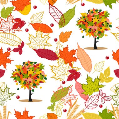 Sarı, turuncu, bordo, yeşil ve sonbahar ağaçlarında yaprakların döküldüğü sonbahar desenleri. Sonbahar görüntüsü. Vektörsüz arkaplan