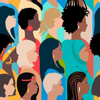 Farklı milletlerden ve kültürlerden güzel kadınların profilleri bir arada duruyor. Feminizm, kadın arkadaşlığı, eşitlik, kadın hakları için savaş. Vektörsüz desen.