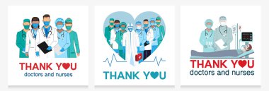 Thank you doctors and nurses for helping and saving lives. A team of doctors of different medical specialties in a medical uniform. Set of vector illustrations.