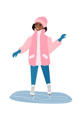 Dost canlısı kız buzda paten kayar ve eliyle gösterir. Aktif kış sporları ve eğlence. Beyaz arkaplanda vektör illüstrasyonu.