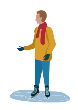 Dost canlısı genç bir adam buz pateni yapıyor ve eliyle işaret ediyor. Aktif kış sporları ve eğlence. Beyaz arkaplanda vektör illüstrasyonu.