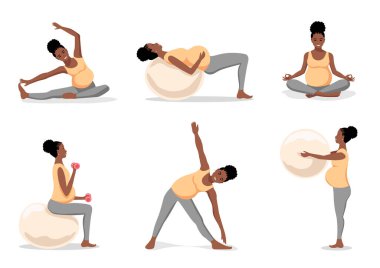 Sevimli, güzel, hamile bir kadın spor yapıyor. Spor yapıyor, esniyor ve rahatlıyor. Hamilelik sırasındaki spor. Vektör çizimleri kümesi.