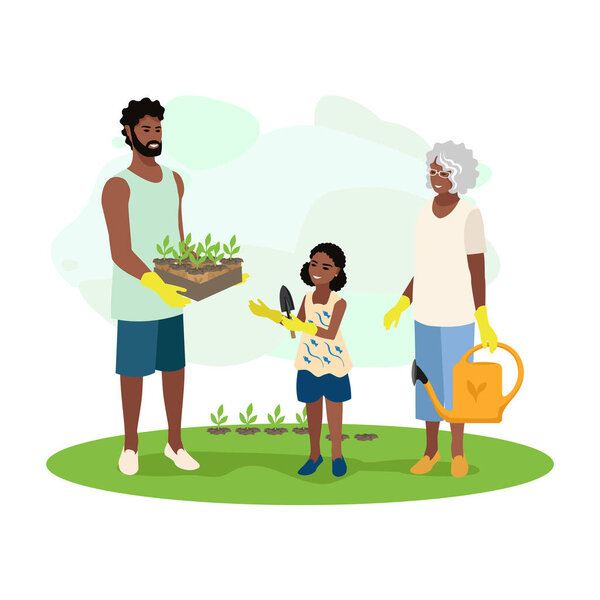 An elderly woman, a young man and a girl are planting seedlings in a garden or public park. Green Planet. Take care of the environment. Vector illustration in flat style.