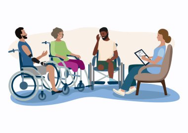 Bir psikologla grup terapisi için engelli insanlar. Özürlü insanlara psikolojik yardım. Engelli insanların rehabilitasyonu ve adaptasyonu. Vektör illüstrasyonları.