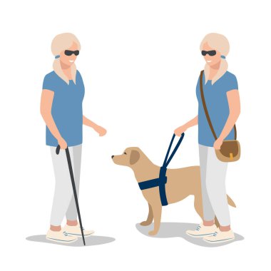 Rehber köpeği olan kör bir kız sokakta yürüyor. Engelli insanların rehabilitasyonu ve adaptasyonu. Beyaz arkaplandaki vektör çizimleri.